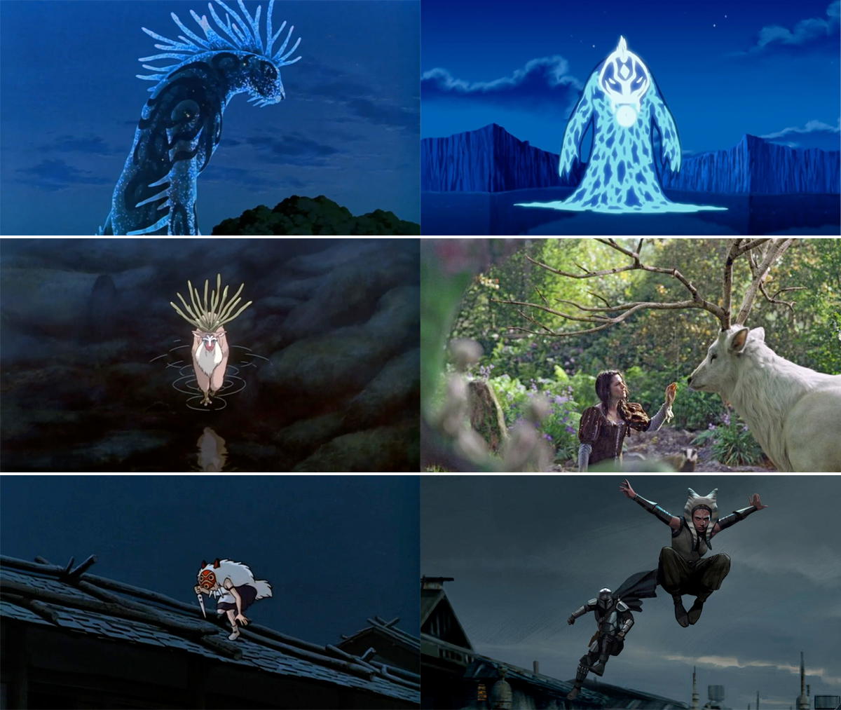«Princess Mononoke» und seine Nachahmer: Links das Original, rechts von oben nach unten: «Avatar: The Last Airbender» (The Siege of the North: Part 2), «Snow White and the Huntsman», «The Mandalorian» (Chapter 13: The Jedi).